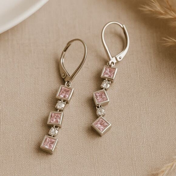 Sterling Silver CZ Earrings 2 Inch Pink Square Drop Dangle Jewelry - Picture 1 of 7